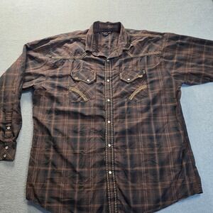 Brown Black Plaid Western Snap Shirt Long Sleeve Button Down Mens XXL Pintlar